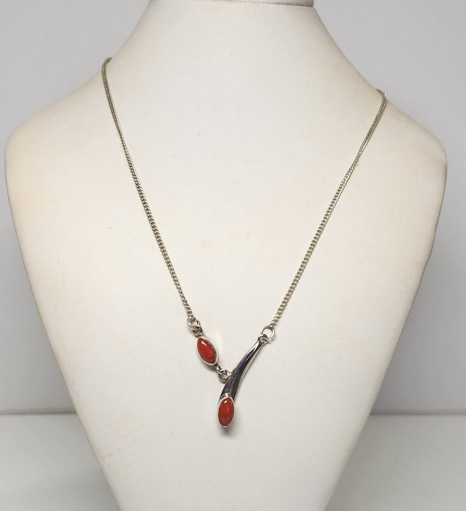 Estate Modernist Sterling Silver and Red Coral Lariat Y-Necklace Modern 18"