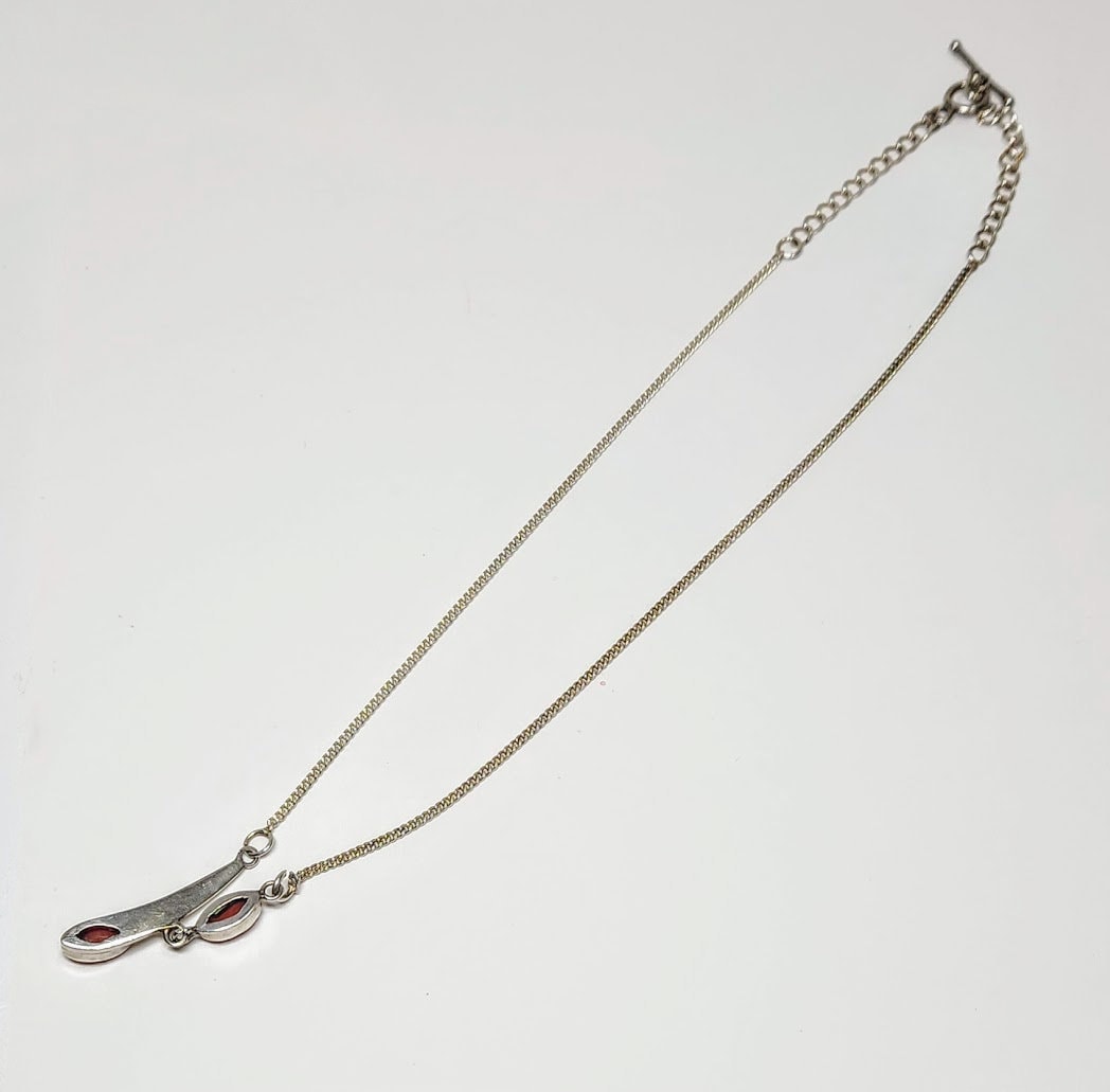 Estate Modernist Sterling Silver and Red Coral Lariat Y-Necklace Modern 18"