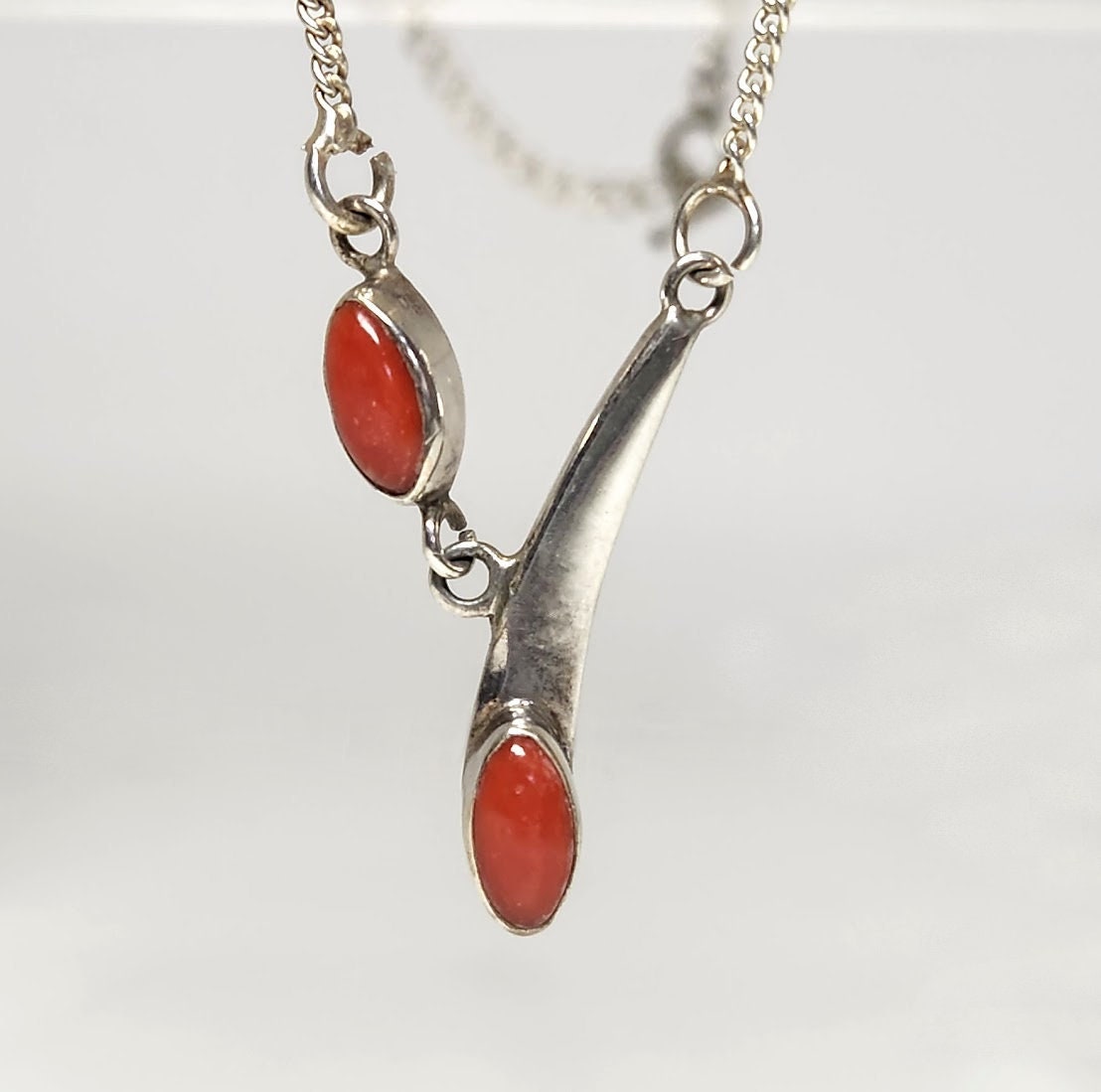 Estate Modernist Sterling Silver and Red Coral Lariat Y-Necklace Modern 18"