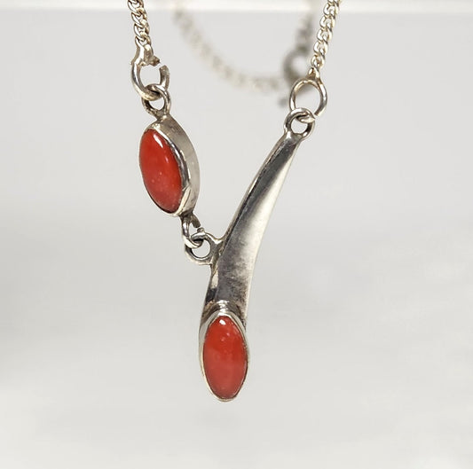 Estate Modernist Sterling Silver and Red Coral Lariat Y-Necklace Modern 18"