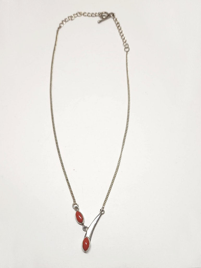 Estate Modernist Sterling Silver and Red Coral Lariat Y-Necklace Modern 18"