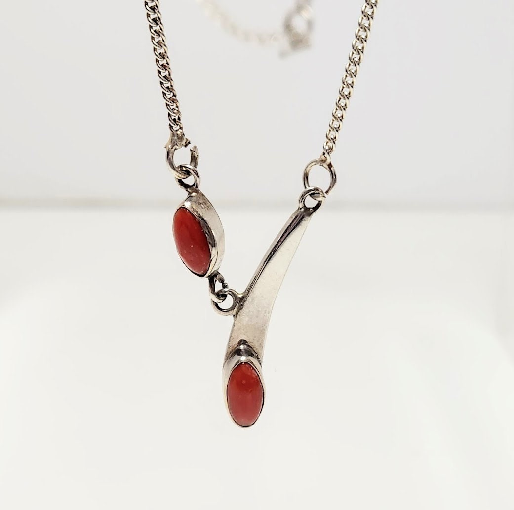 Estate Modernist Sterling Silver and Red Coral Lariat Y-Necklace Modern 18"