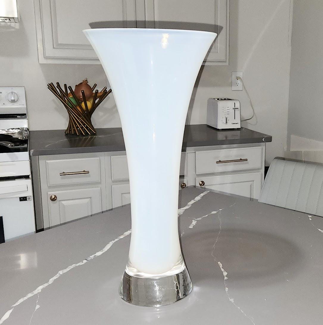 Italian DONGHIA SEGUSO Mid Century Modern Murano White Opaline Art Glass Trumpet Vase 18" x 8.5"