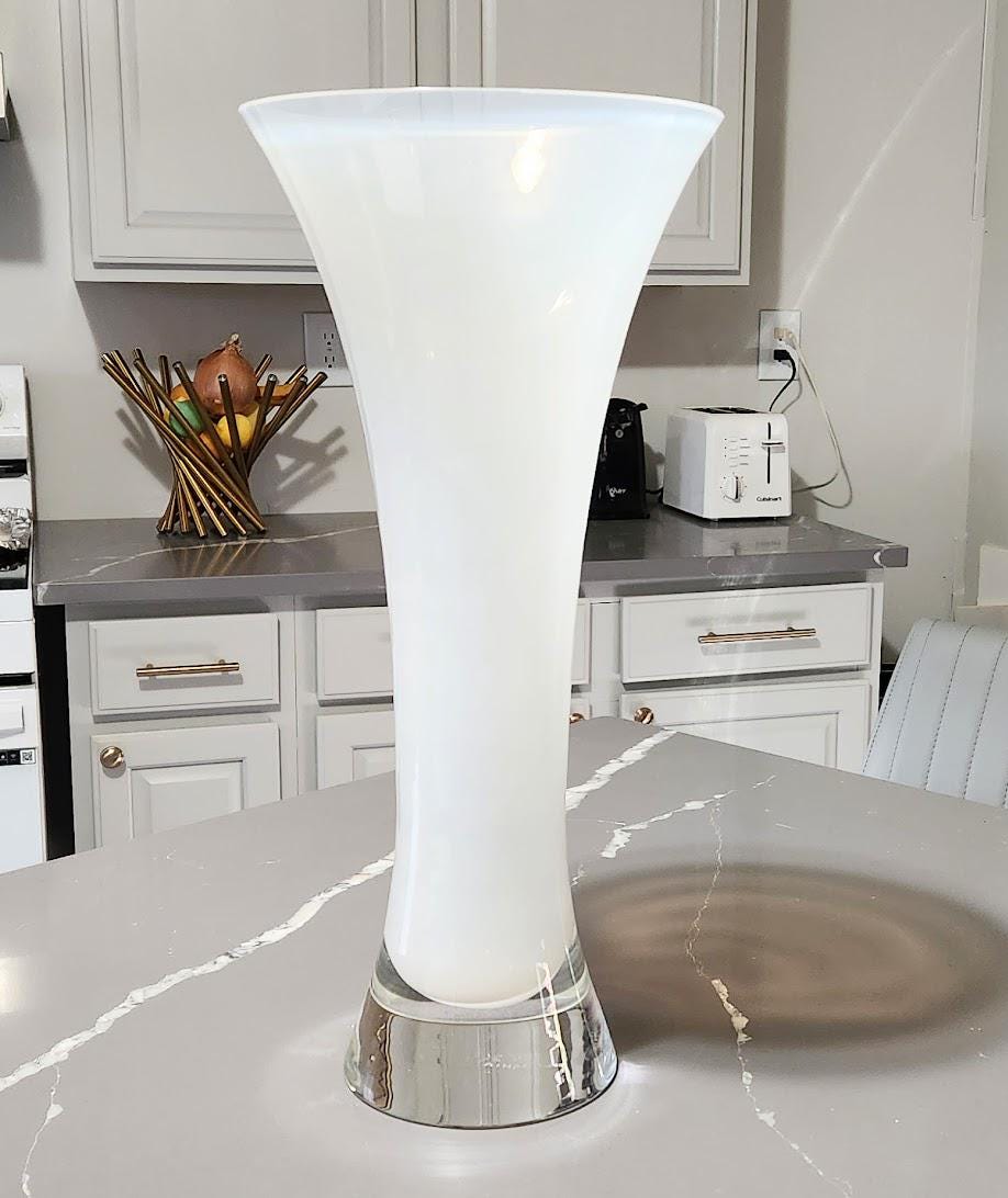 Italian DONGHIA SEGUSO Mid Century Modern Murano White Opaline Art Glass Trumpet Vase 18" x 8.5"