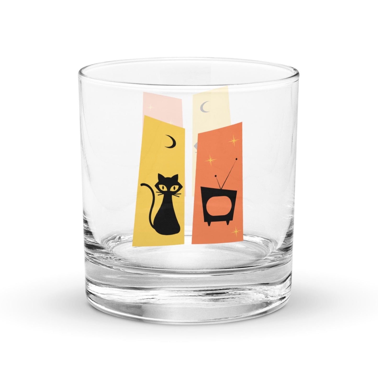 Mid Century Modern Retro Black Cat Sputnik Rocks Whiskey Cocktail Drinking Glass Tumbler