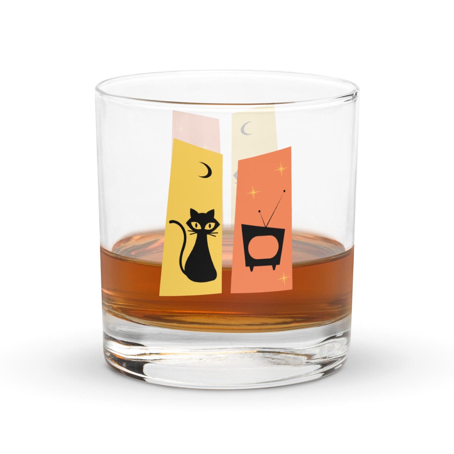 Mid Century Modern Retro Black Cat Sputnik Rocks Whiskey Cocktail Drinking Glass Tumbler