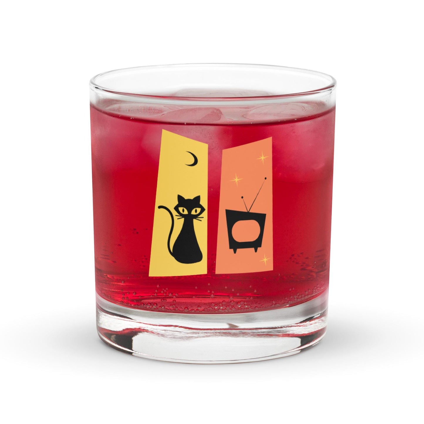 Mid Century Modern Retro Black Cat Sputnik Rocks Whiskey Cocktail Drinking Glass Tumbler