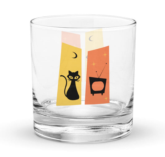 Mid Century Modern Retro Black Cat Sputnik Rocks Whiskey Cocktail Drinking Glass Tumbler