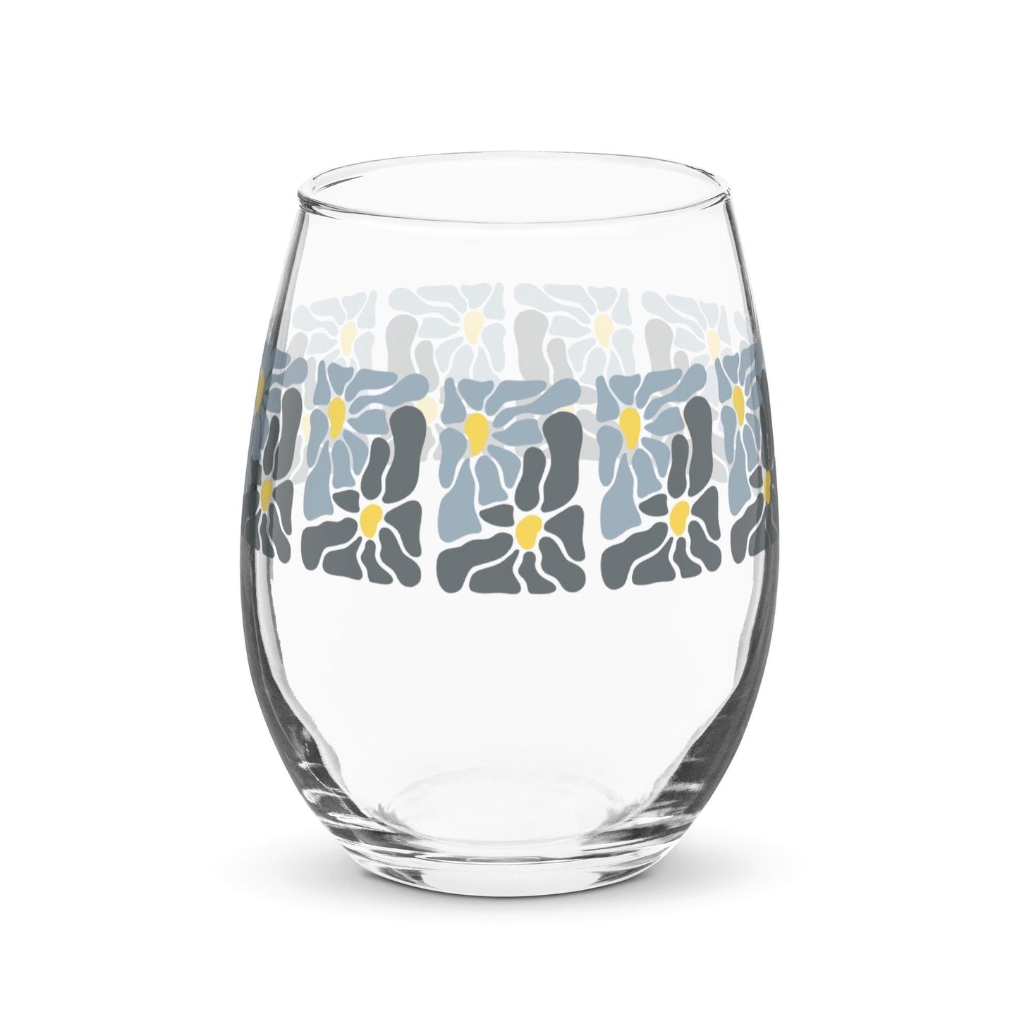 Retro Daisy Mid-Century Modern Style Gray Slate Blue Stemless Wine Drinking Glass