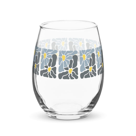 Retro Daisy Mid-Century Modern Style Gray Slate Blue Stemless Wine Drinking Glass