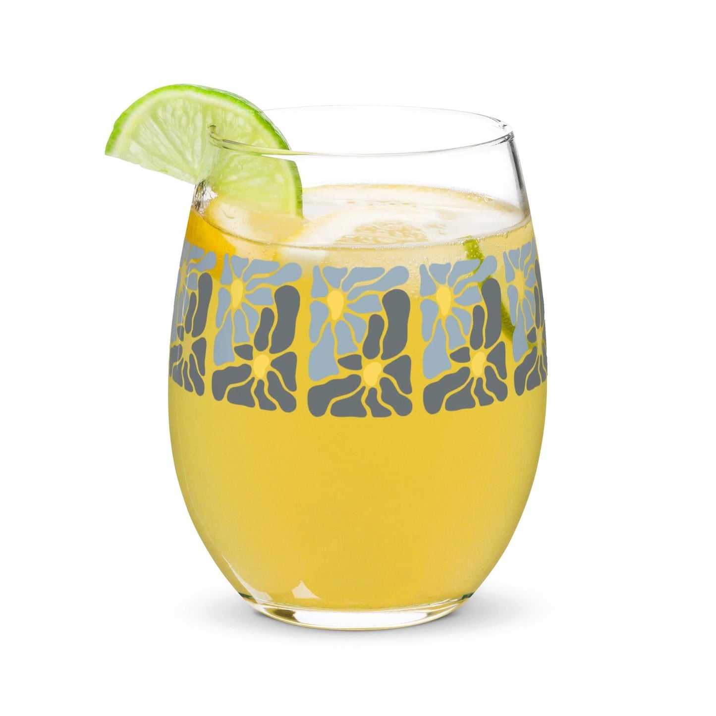 Retro Daisy Mid-Century Modern Style Gray Slate Blue Stemless Wine Drinking Glass