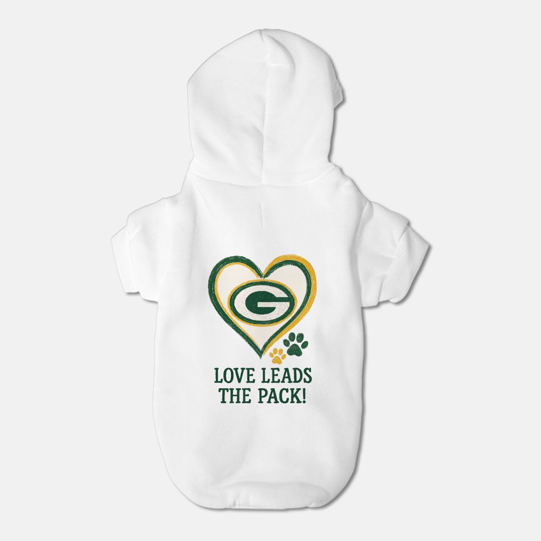 Packers Football - Love Leads the Pack - Dog Cat Pet Fleece-Lined Sweatshirt Hoodie - Small Breed