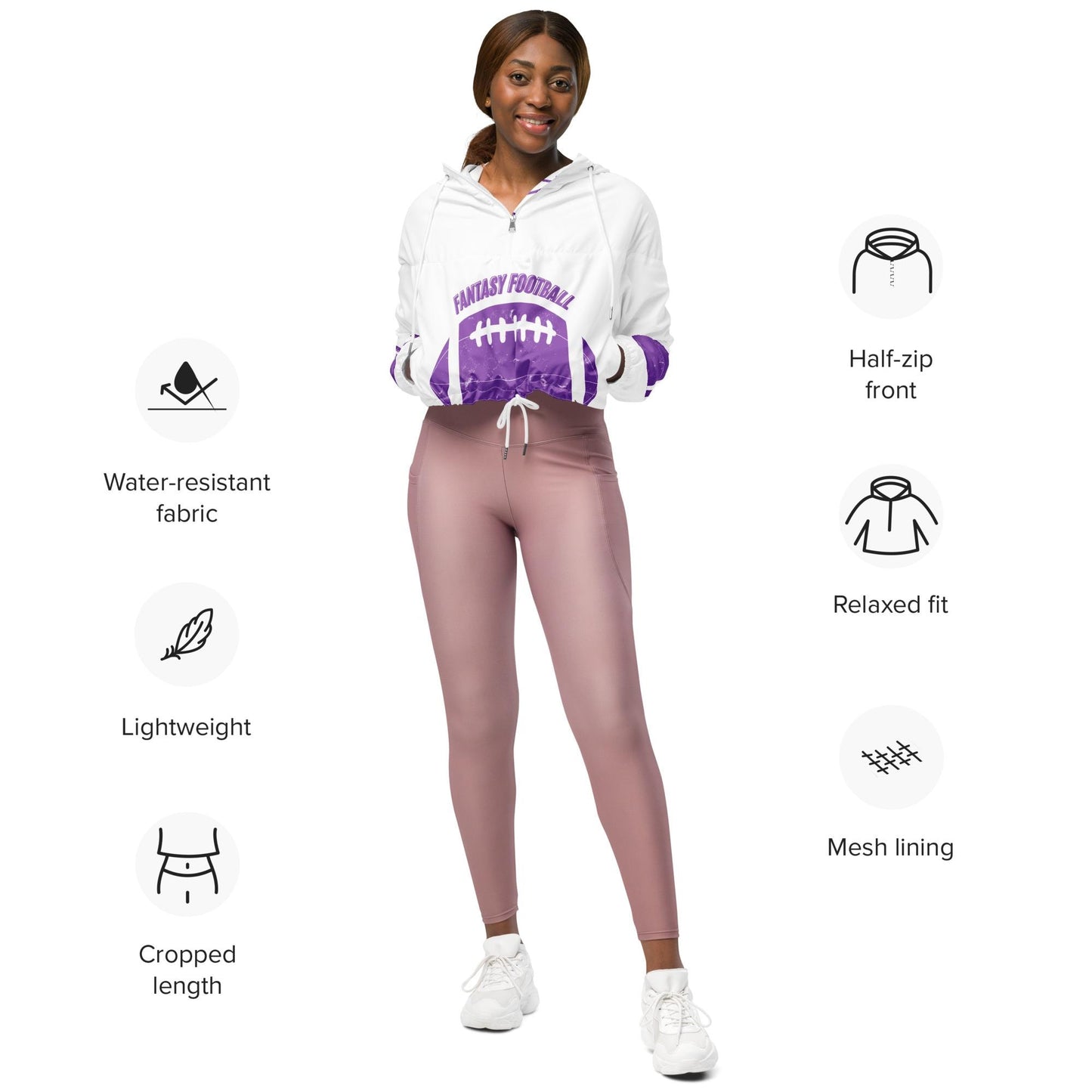 Womens Fantasy Football Novelty Trendy Cropped Hooded Waterproof Windbreaker Jacket